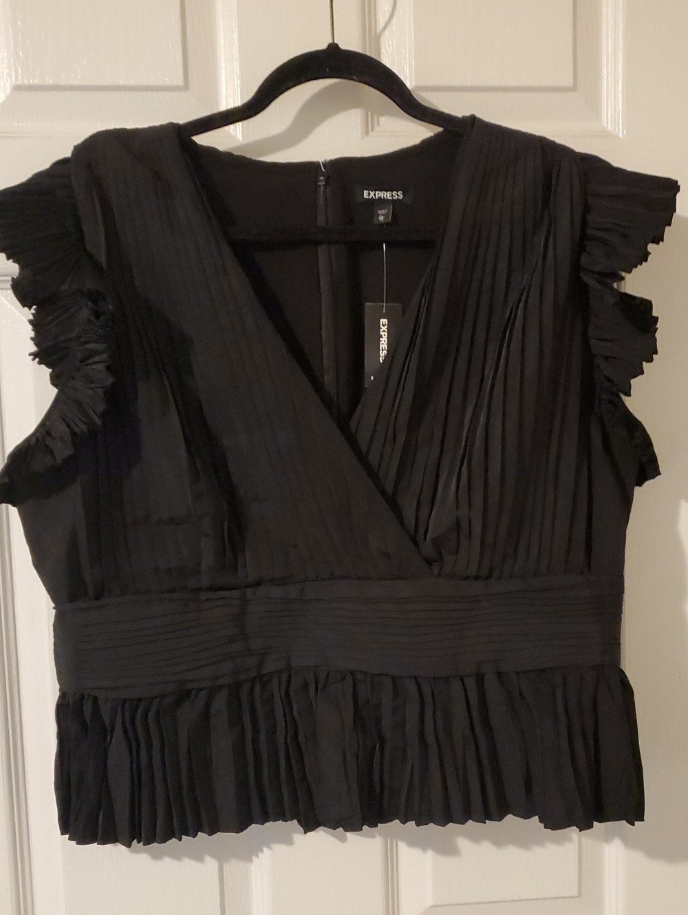 Express Black Pleated V-Neck Ruffle Sleeve Blouse